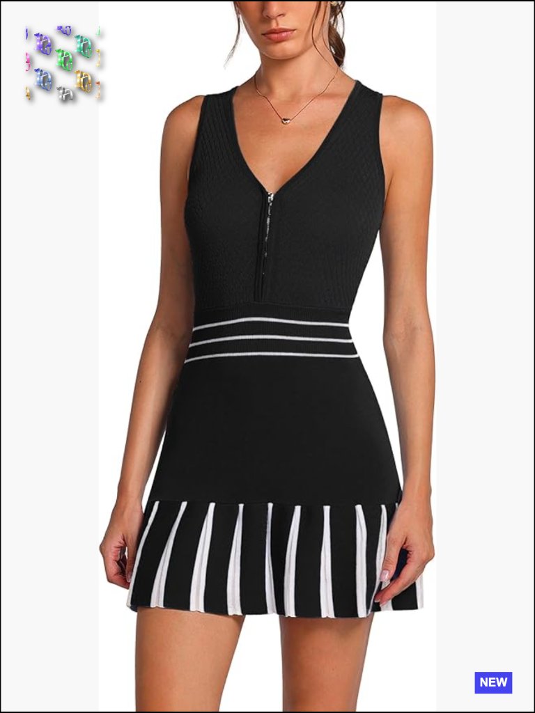 Sleeveless Tennis Dress With Built-In Shorts V-Neck Zip Front Athletic Mini